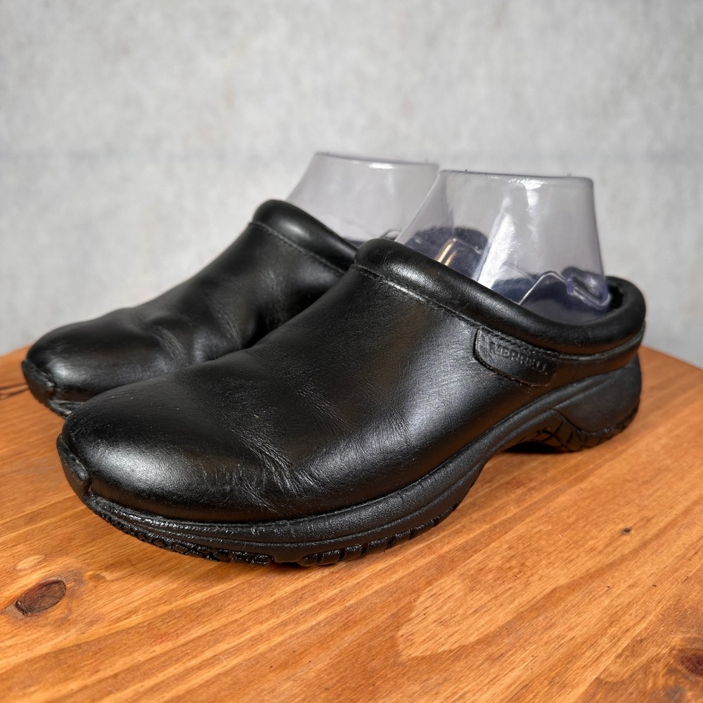 Merrell Encore Leather Clogs Women 7.5 Black Good Slip On Comfort Shoes J61128